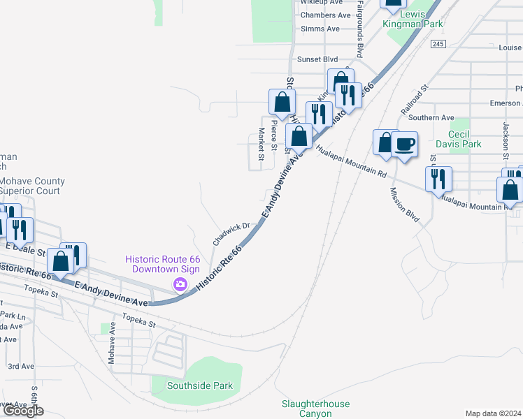 map of restaurants, bars, coffee shops, grocery stores, and more near 1415 East Andy Devine Avenue in Kingman