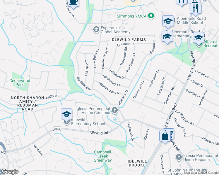 map of restaurants, bars, coffee shops, grocery stores, and more near 7432 Middlebury Place in Charlotte