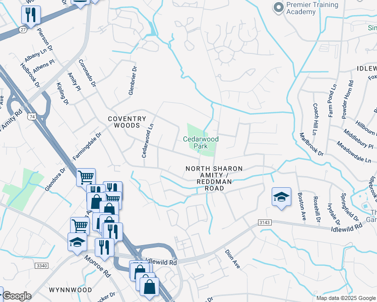 map of restaurants, bars, coffee shops, grocery stores, and more near 5314 Galena Court in Charlotte