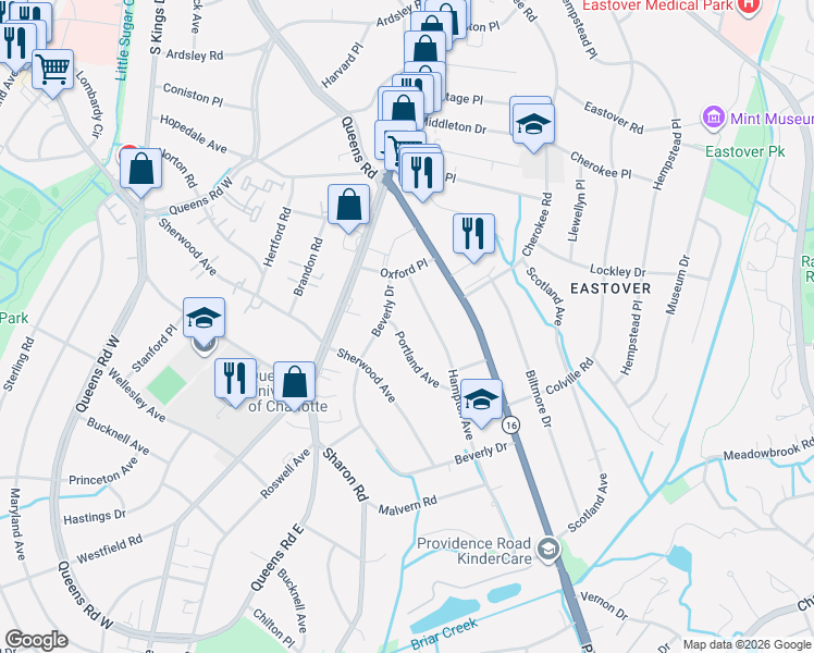 map of restaurants, bars, coffee shops, grocery stores, and more near 2538 Hampton Avenue in Charlotte