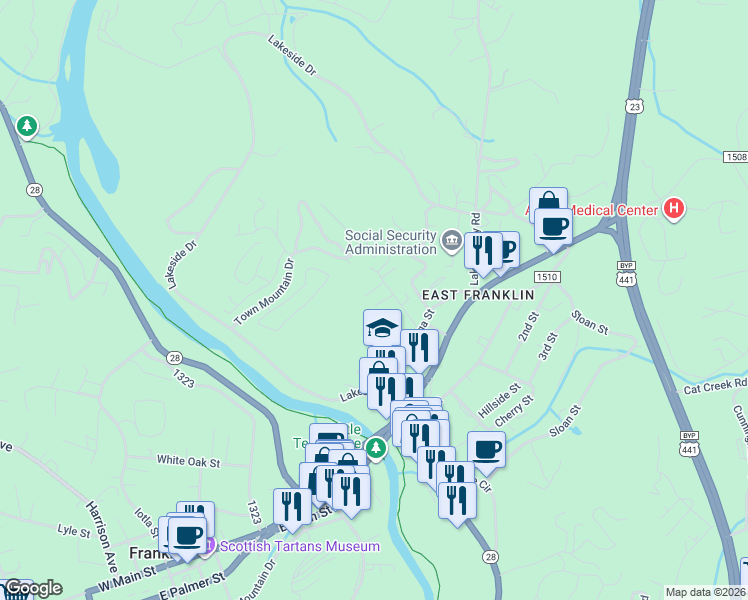 map of restaurants, bars, coffee shops, grocery stores, and more near 150 Randolph St in Franklin