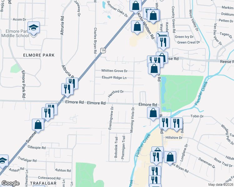 map of restaurants, bars, coffee shops, grocery stores, and more near 6630 Hartford Drive in Bartlett