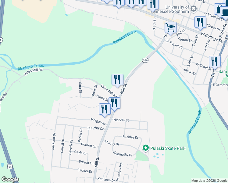 map of restaurants, bars, coffee shops, grocery stores, and more near 1010 Vales Mill Road in Pulaski