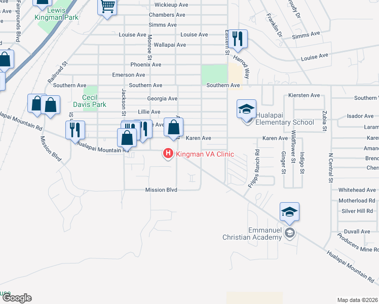 map of restaurants, bars, coffee shops, grocery stores, and more near 3633 N Stockton Hill Rd in Kingman