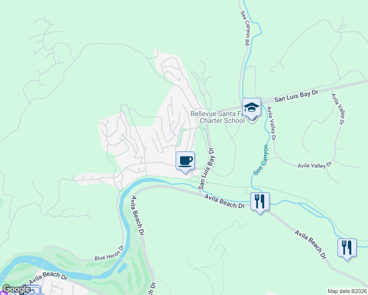 map of restaurants, bars, coffee shops, grocery stores, and more near 132 Quail Way in Avila Beach