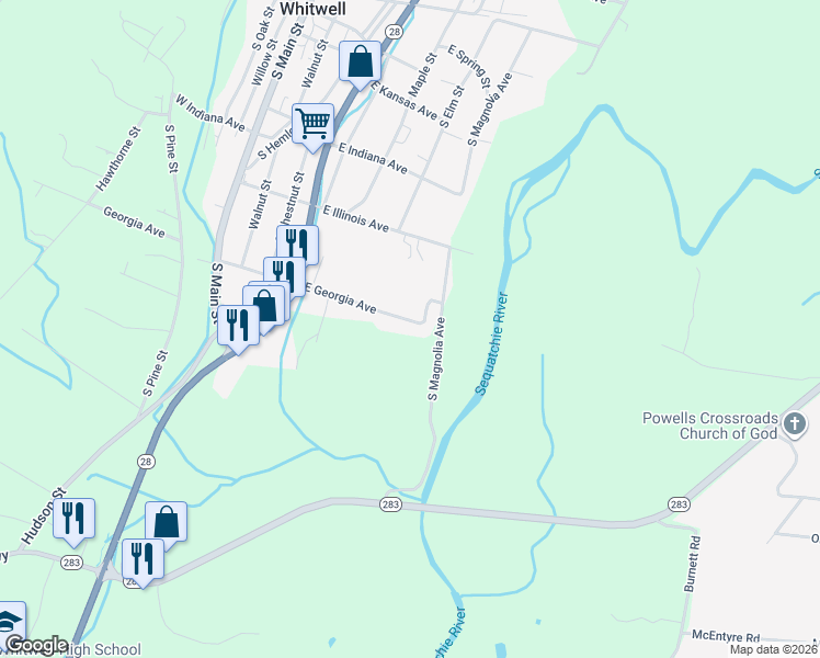 map of restaurants, bars, coffee shops, grocery stores, and more near 550 East Georgia Avenue in Whitwell