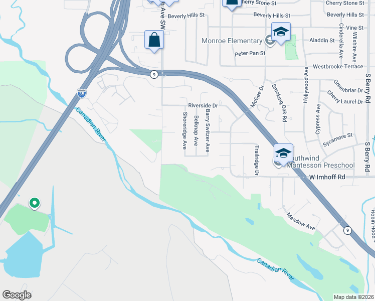 map of restaurants, bars, coffee shops, grocery stores, and more near 2805 Shoreridge Avenue in Norman