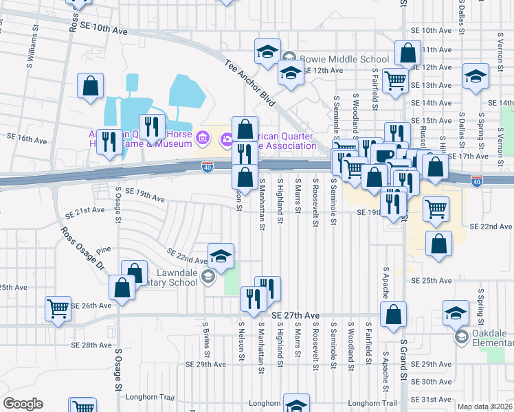 map of restaurants, bars, coffee shops, grocery stores, and more near 1822 South Manhattan Street in Amarillo