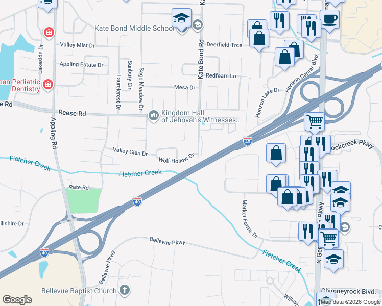 map of restaurants, bars, coffee shops, grocery stores, and more near 7816 Wolf Hollow Drive in Memphis