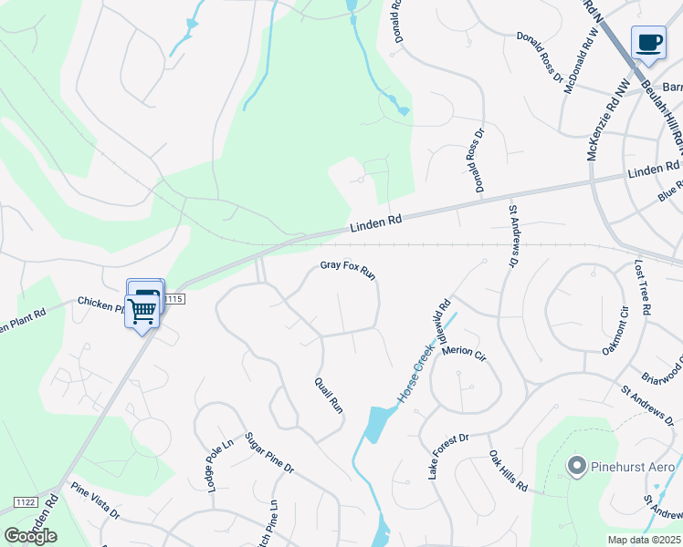 map of restaurants, bars, coffee shops, grocery stores, and more near 50 Gray Fox Run in Pinehurst