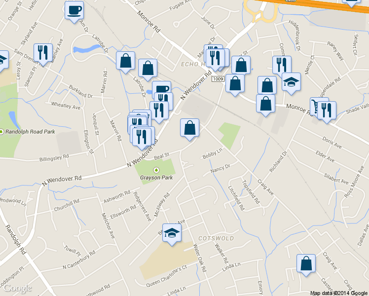map of restaurants, bars, coffee shops, grocery stores, and more near 1012 McAlway Road in Charlotte