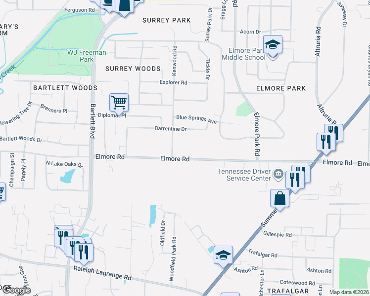 map of restaurants, bars, coffee shops, grocery stores, and more near 6110 Elmore Road in Bartlett