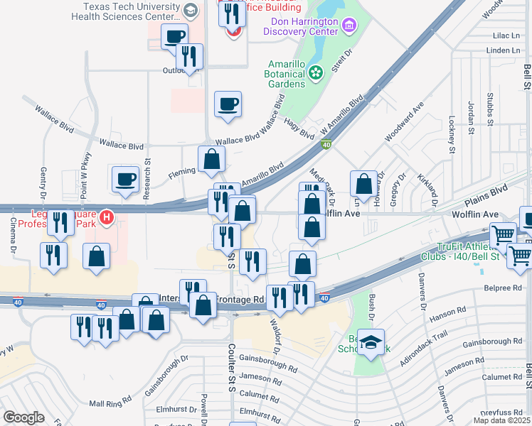 map of restaurants, bars, coffee shops, grocery stores, and more near 7044 Wolflin Avenue in Amarillo