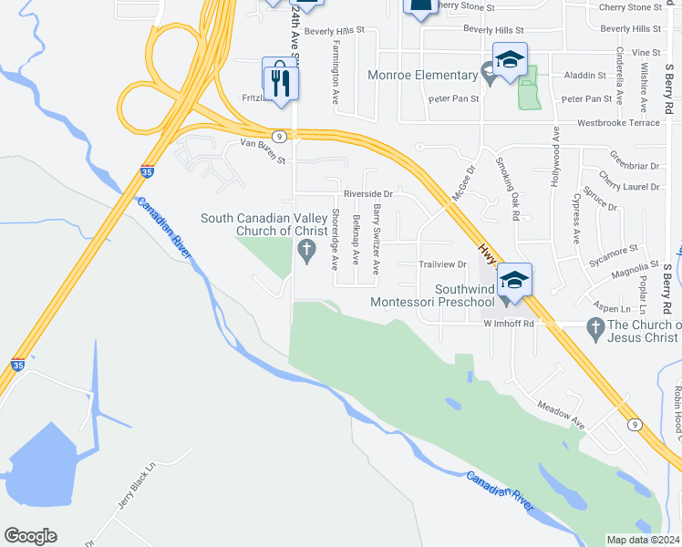 map of restaurants, bars, coffee shops, grocery stores, and more near 2805 Shoreridge Avenue in Norman