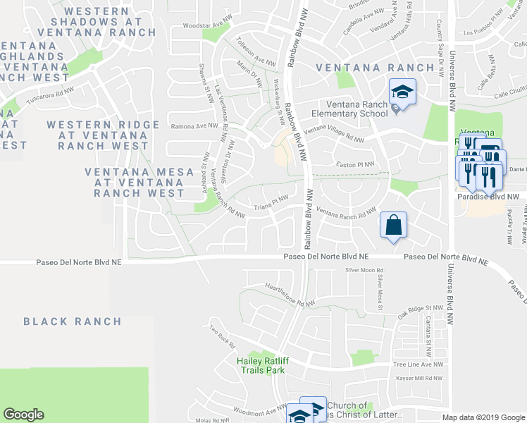 map of restaurants, bars, coffee shops, grocery stores, and more near 7304 Triana Place Northwest in Albuquerque