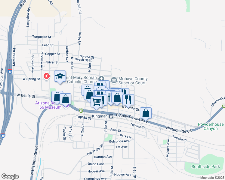 map of restaurants, bars, coffee shops, grocery stores, and more near in Kingman