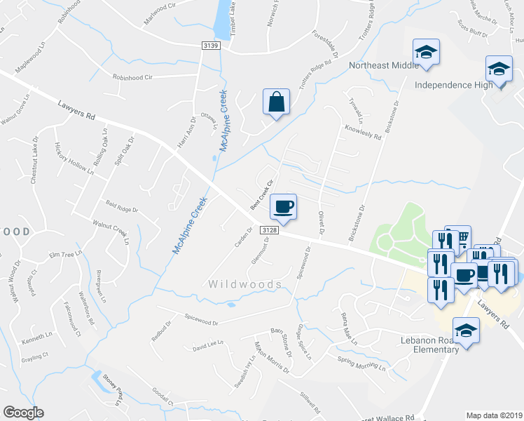 map of restaurants, bars, coffee shops, grocery stores, and more near 8414 Rust Wood Place in Charlotte