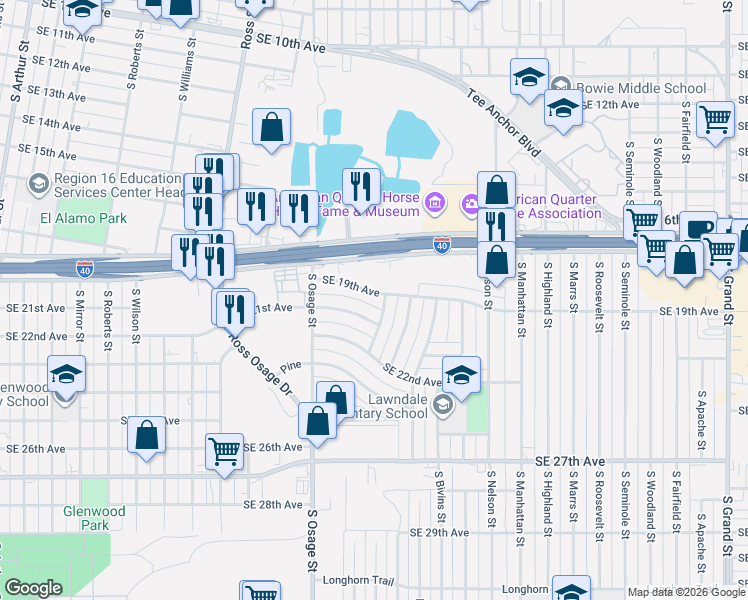 map of restaurants, bars, coffee shops, grocery stores, and more near 2220 Southeast 19th Avenue in Amarillo