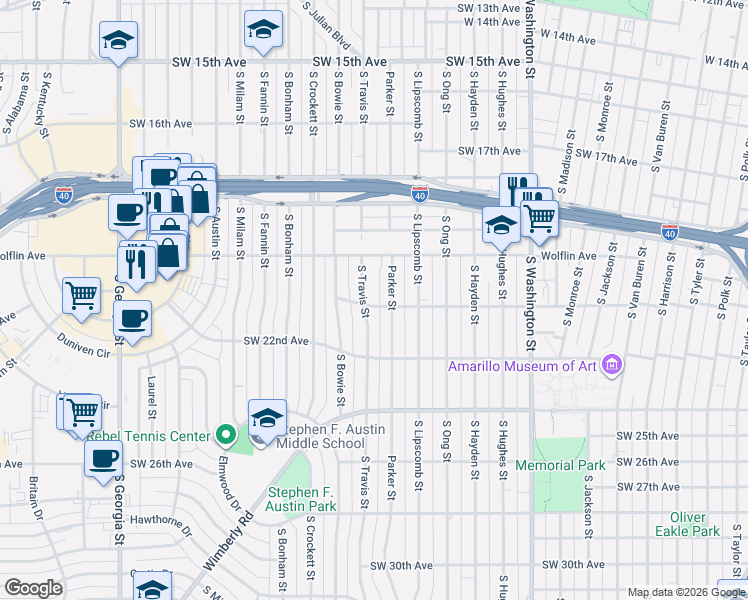 map of restaurants, bars, coffee shops, grocery stores, and more near 2038 South Travis Street in Amarillo