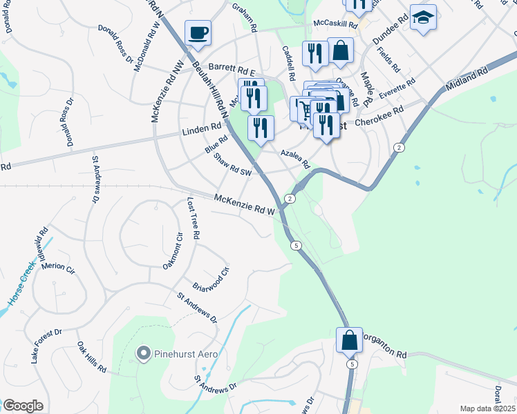 map of restaurants, bars, coffee shops, grocery stores, and more near 285 McKenzie Road West in Pinehurst