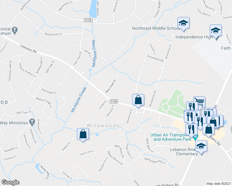 map of restaurants, bars, coffee shops, grocery stores, and more near 8413 Rust Wood Place in Charlotte