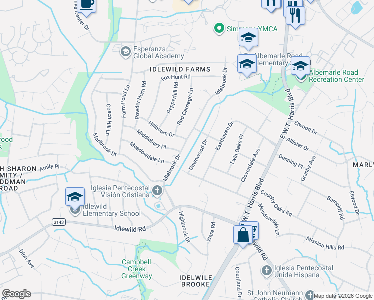map of restaurants, bars, coffee shops, grocery stores, and more near 6209 Idlebrook Drive in Charlotte