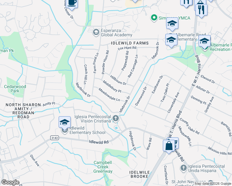 map of restaurants, bars, coffee shops, grocery stores, and more near 7432 Middlebury Place in Charlotte