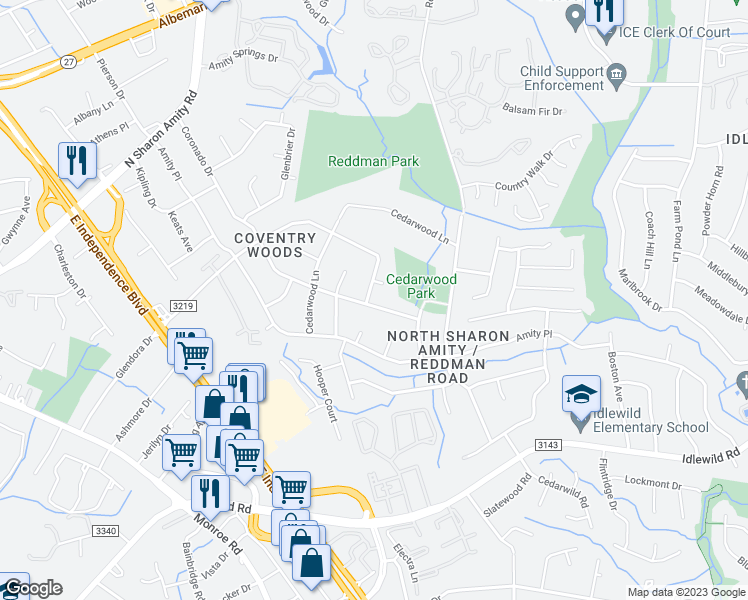 map of restaurants, bars, coffee shops, grocery stores, and more near 5314 Galena Court in Charlotte