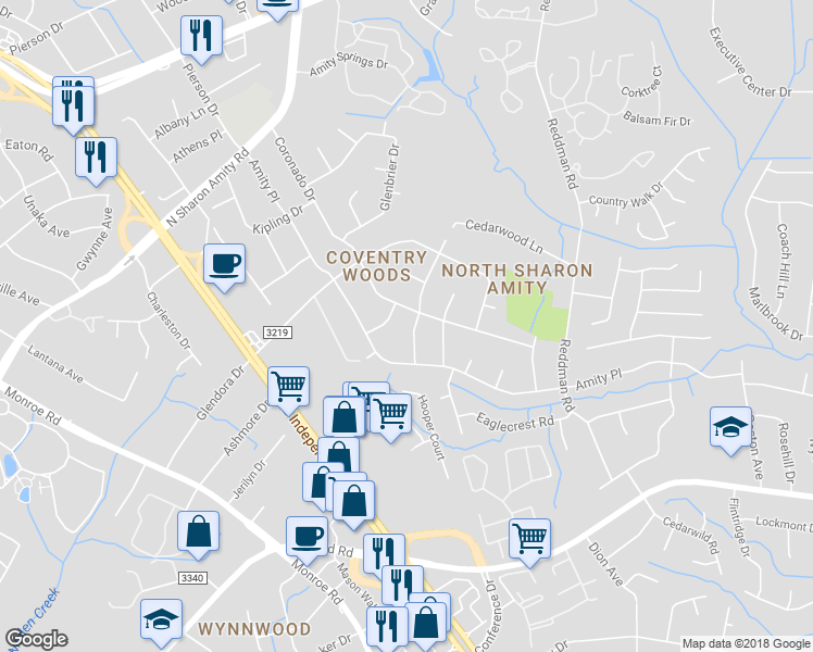 map of restaurants, bars, coffee shops, grocery stores, and more near 1026 Vandalia Drive in Charlotte