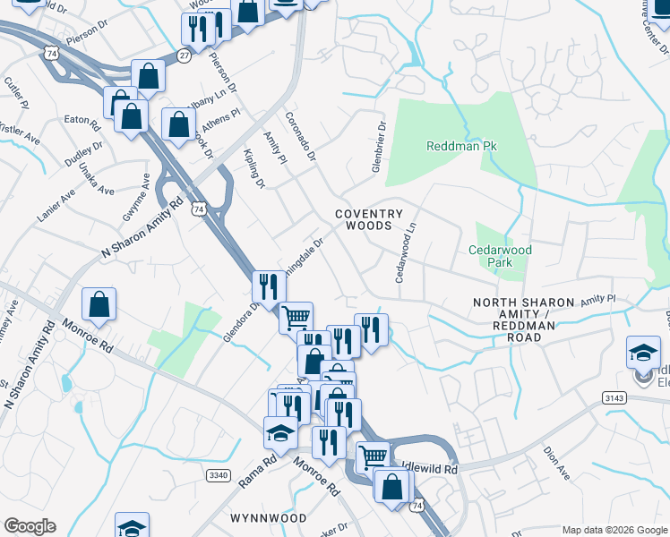 map of restaurants, bars, coffee shops, grocery stores, and more near 5110 Amity Place in Charlotte