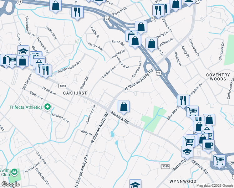 map of restaurants, bars, coffee shops, grocery stores, and more near in Charlotte