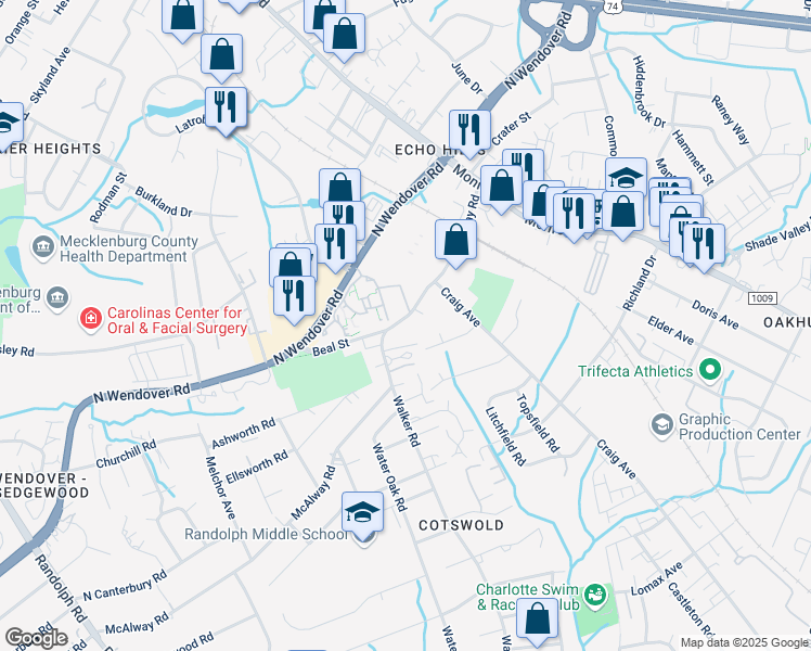 map of restaurants, bars, coffee shops, grocery stores, and more near 1012 McAlway Road in Charlotte