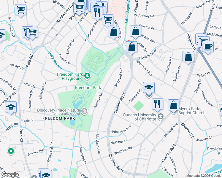 map of restaurants, bars, coffee shops, grocery stores, and more near in Charlotte