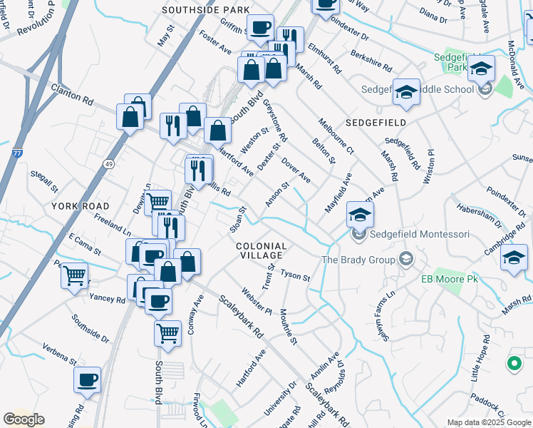 map of restaurants, bars, coffee shops, grocery stores, and more near 3440 Anson Street in Charlotte