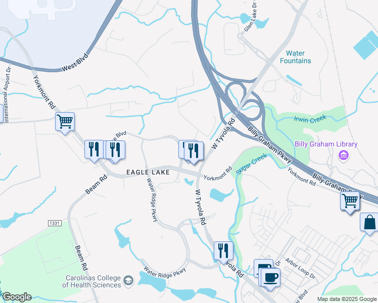 map of restaurants, bars, coffee shops, grocery stores, and more near 4101-4173 Meadow Oak Drive in Charlotte