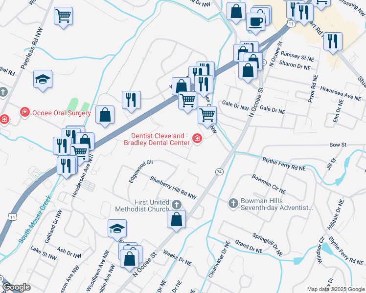 map of restaurants, bars, coffee shops, grocery stores, and more near 206 Ocoee Pl NW in Cleveland
