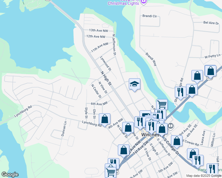 map of restaurants, bars, coffee shops, grocery stores, and more near 700 North High Street in Winchester
