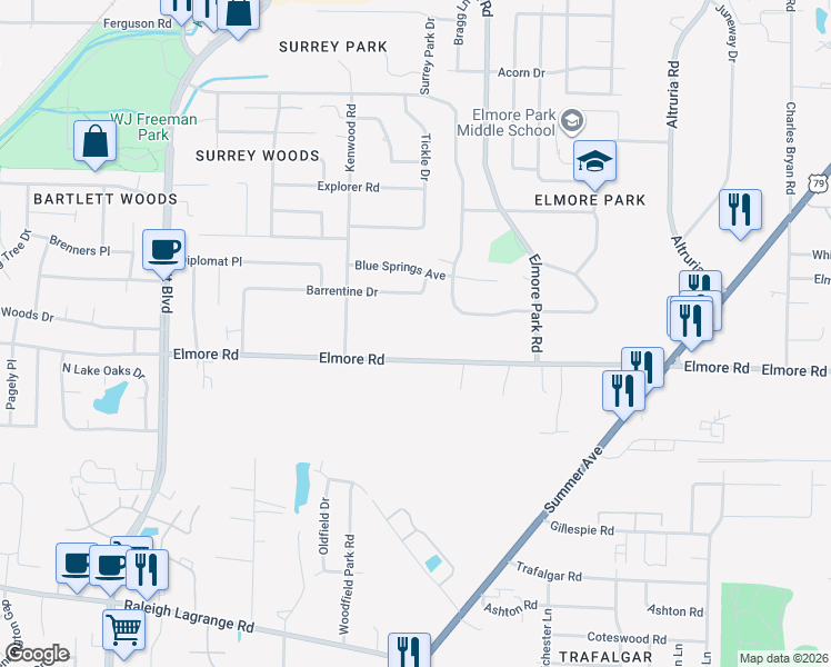 map of restaurants, bars, coffee shops, grocery stores, and more near 6120 Elmore Road in Bartlett