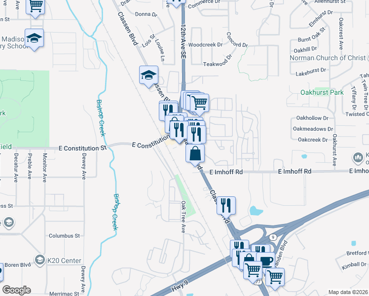 map of restaurants, bars, coffee shops, grocery stores, and more near 2627 Classen Boulevard in Norman