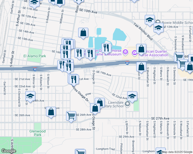 map of restaurants, bars, coffee shops, grocery stores, and more near 2203 Southeast 21st Avenue in Amarillo