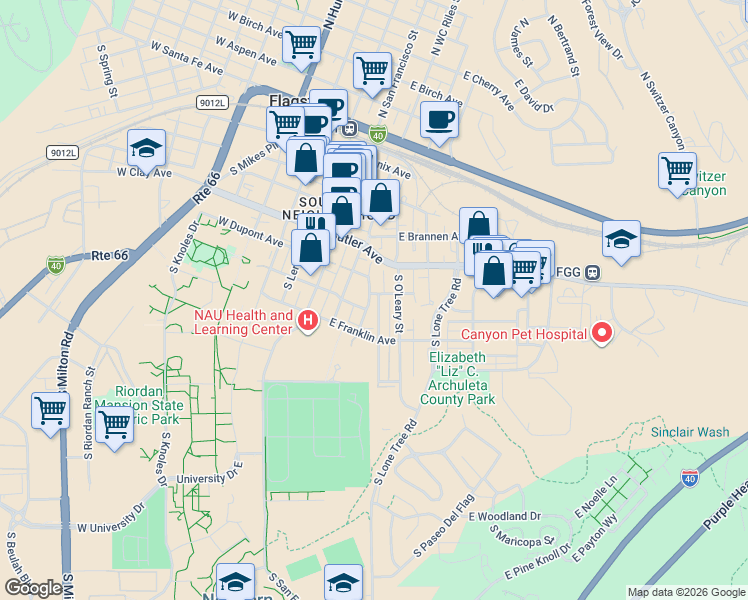 map of restaurants, bars, coffee shops, grocery stores, and more near 412 South Verde Street in Flagstaff