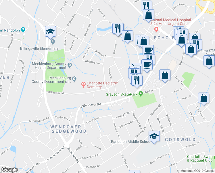map of restaurants, bars, coffee shops, grocery stores, and more near 605 Billingsley Road in Charlotte