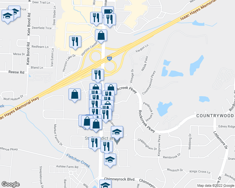 map of restaurants, bars, coffee shops, grocery stores, and more near 8171 Harley Street in Memphis