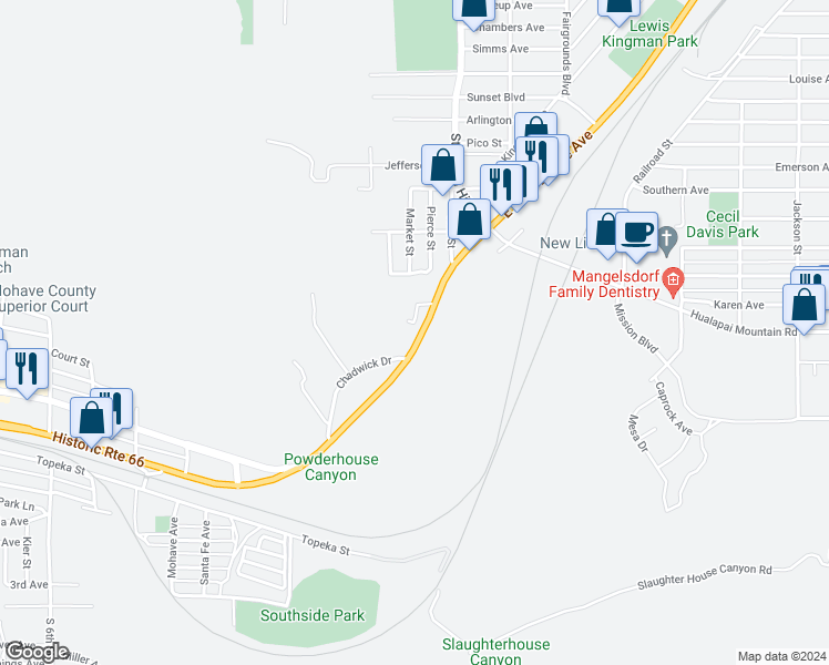 map of restaurants, bars, coffee shops, grocery stores, and more near 1403 East Andy Devine Avenue in Kingman