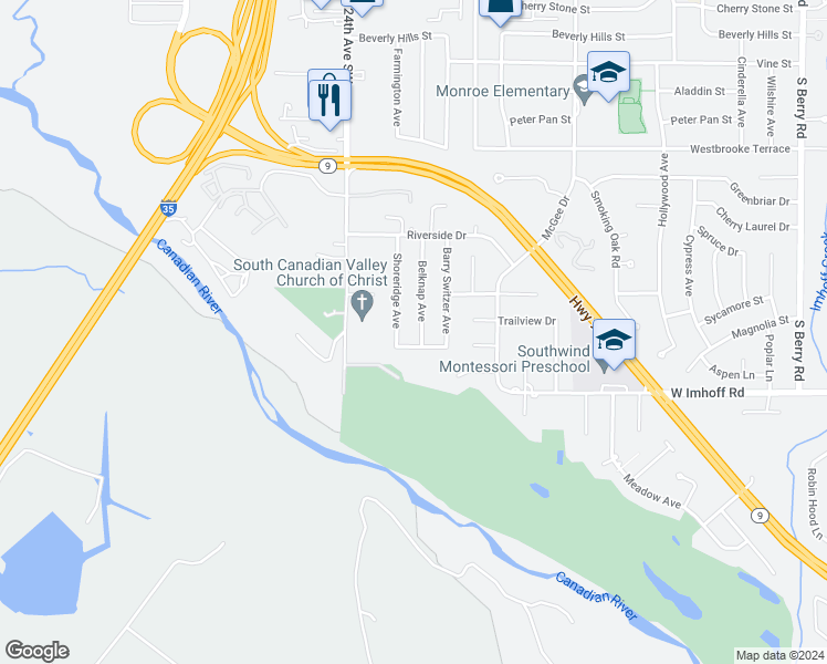 map of restaurants, bars, coffee shops, grocery stores, and more near 2806 Belknap Avenue in Norman