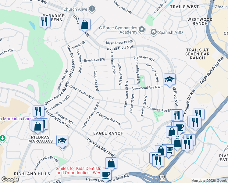 map of restaurants, bars, coffee shops, grocery stores, and more near 4524 Arrowhead Ave NW in Albuquerque