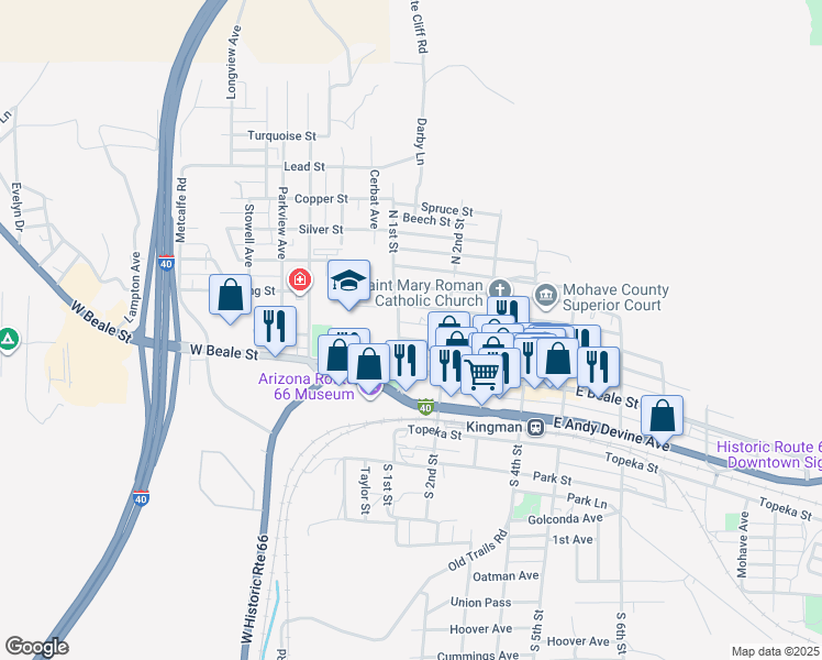 map of restaurants, bars, coffee shops, grocery stores, and more near 107 East Oak Street in Kingman