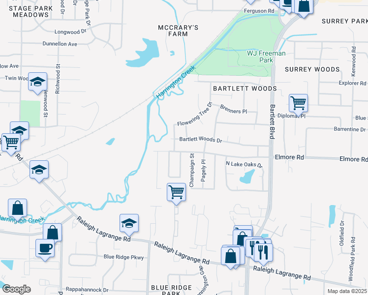 map of restaurants, bars, coffee shops, grocery stores, and more near 5598 Elmore Road in Memphis
