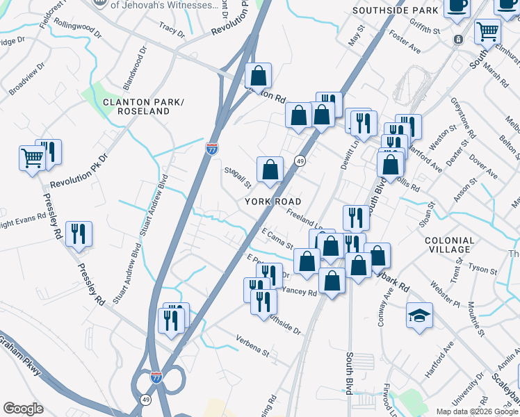 map of restaurants, bars, coffee shops, grocery stores, and more near 4014 South Tryon Street in Charlotte