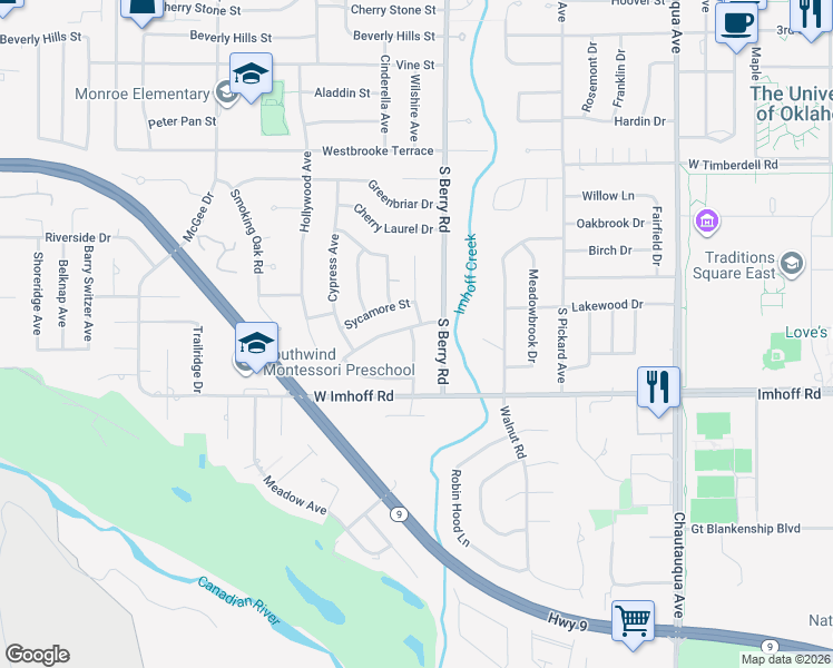 map of restaurants, bars, coffee shops, grocery stores, and more near 2702 South Berry Road in Norman
